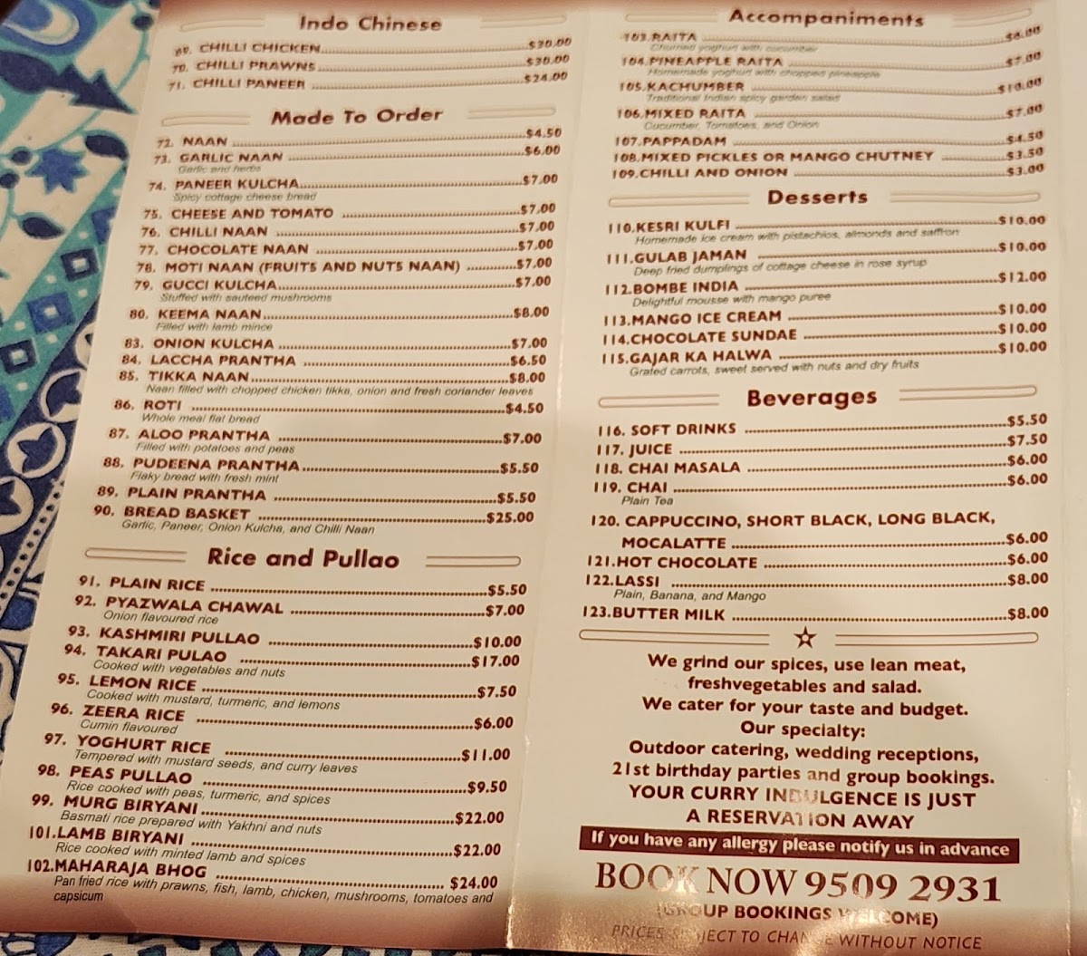 Menu Moti Mahal Indian Restaurant Malvern-1